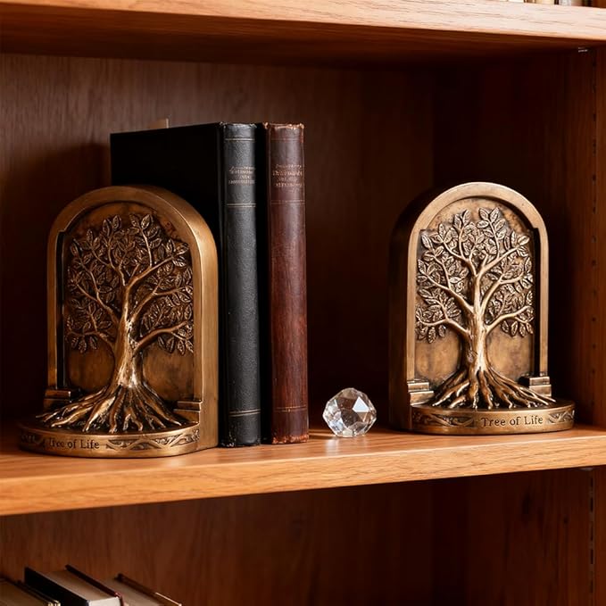 Tree of Life Bookends Set – 6.1" Resin Decorative Bookends, Antique Bronze Finish, Non-Skid Heavy Duty Support for Books, Bookshelf Decor, Office, Library, Housewarming Gift