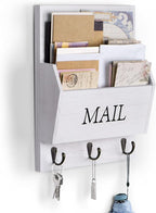 DLQuarts Mail Organizer with Key Holder for Wall Decorative Mail Sorter Wall Mounted, Wooden Mail Holder with 3 Hooks, White