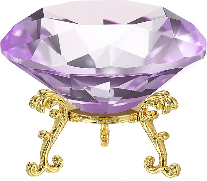 PATIKIL Diamond Crystal Paperweight, 100mm / 3.94" Crystal Paperweight Paper Weight with Gold 25 Metal Base for Home Office Desktop Table Decor Wedding Party Ornaments, Purple