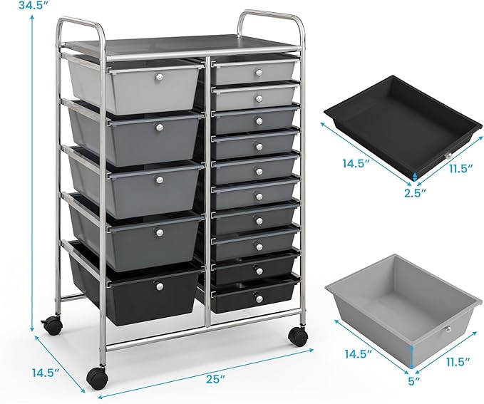 GLACER 15 Drawers Rolling Cart, Storage Cart with w/Removable Drawers & Steel Frame, Multipurpose Organizer Cart w/Sleek Handle, Utility Cart on Lockable Wheels for Home, School, Office (Grey)