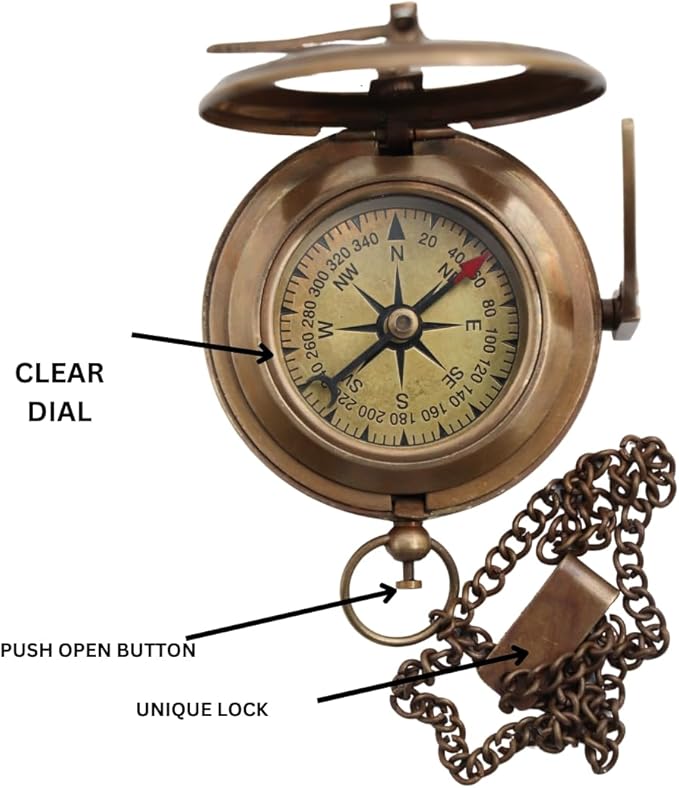 Handcrafted Vintage Brass Sundial Compass – Antique Nautical Sun Clock with Leather Case – Engraved Collectible Brass Compass Gift for Men - Nautical Gifts for Men, Best Anniversary Vintage Gifts