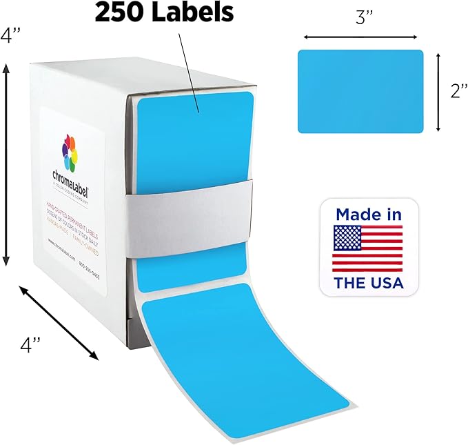 ChromaLabel 2 x 3 inch Permanent Color Code Rectangle Labels, 250 Labels per Dispenser Box, Light Blue