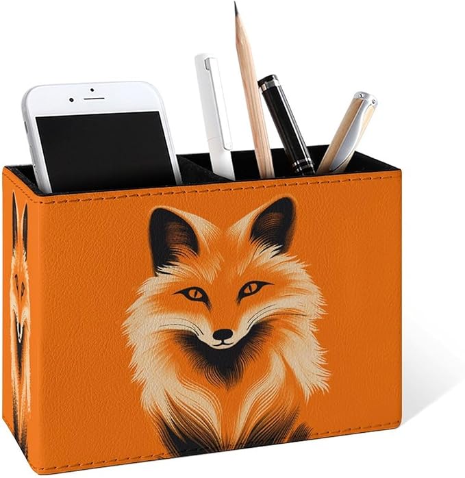 Famame Fox Orange Face Pencil Holder for Desk, Leather Desktop Container Pen Cup Storage Study Table Pen Organizer Makeup Brush Holder for Classroom Office Home