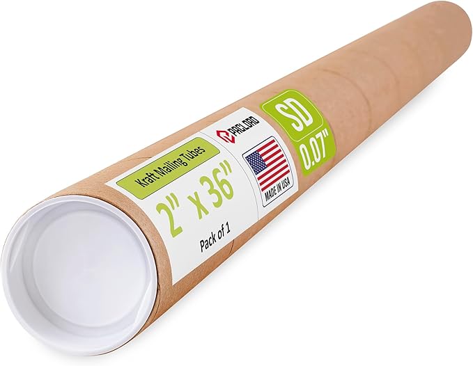 Paclord 2" x 36" Reinforced Kraft Paper Mailing Tube, Pack of 1 Tube with 2 Caps – Secure USPS Approved Poster Tube – Cardboard Tube for Shipping and Storing Posters, Prints, Artwork, or Documents