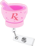 Funny Pink RX Nurse Badge Reel, Cute Pharmacy Tech Mortar and Pestle Retractable ID Card Medical Badge Holder, Name Tag Badge Buddy for RN Pharm Nurse Nursing Student Pharmacist Doctor Medical Workers