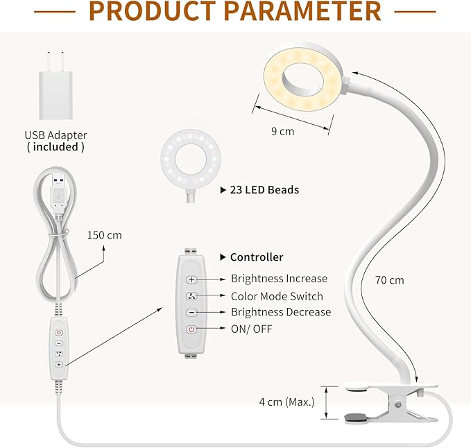 iZELL Book Light, Clip on Reading Light with Silicone Flexible Arm, Dimmable LED Lamparas Clamp on Workbench Desk for Studying Painting Crafting Drawing Makeup Nail Tech Puzzle Task - 27.6‘’ White