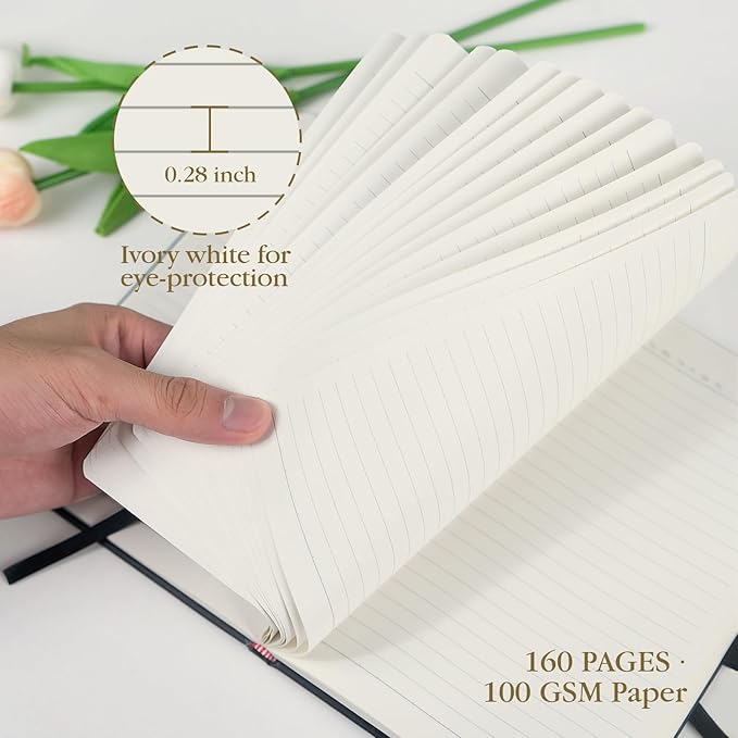 ONAVIA A5 Black Lined Journal Notebook - 100 GSM Thick Paper, 8 Pack Hardcover Journaling Notebooks for Writing, Work, Travel, College Ruled Journals for Women & Men, PU Leather Note Books, 5.5”x8.3”