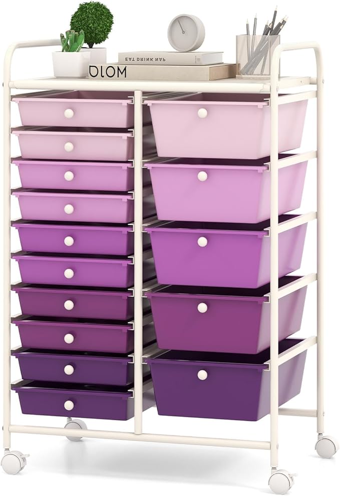 COSTWAY 15-Drawer Rolling Storage Cart, Mobile Utility Cart with Heavy-duty Frame & Lockable Wheels, Multipurpose Storage Organizer for Paper, Office, School, Purple Gradient