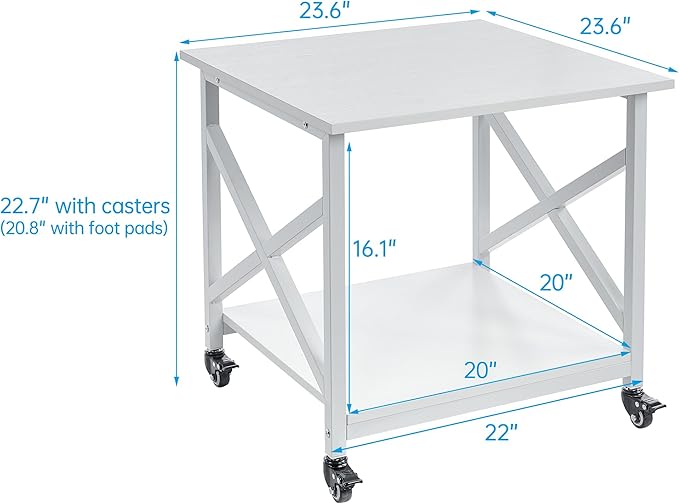 Fannova 23.6 x 23.6 Inches Large Printer Stand, 2 Tier Square Printer Table with Storage Shelf for Home Office, Multi-use Rolling Cart with Wheels for Laser, 3D Printer and Mini Fridge - White