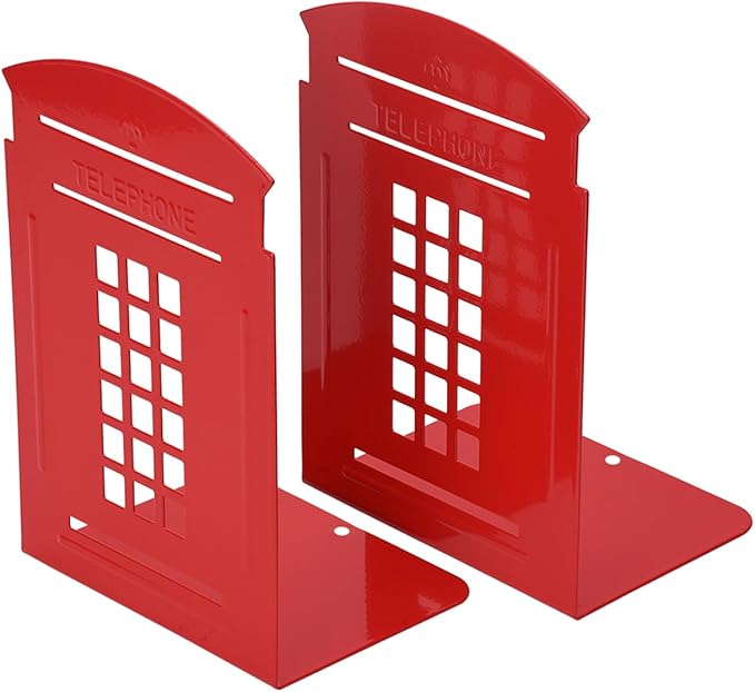 MerryNine 2pcs Book Ends, Metal Bookends for Shelves, Telephone Booth Decorative Bookends, Non Skid Heavy Bookends, Book, Magazine or CD Organizers for Home and Office (Red-2pcs)