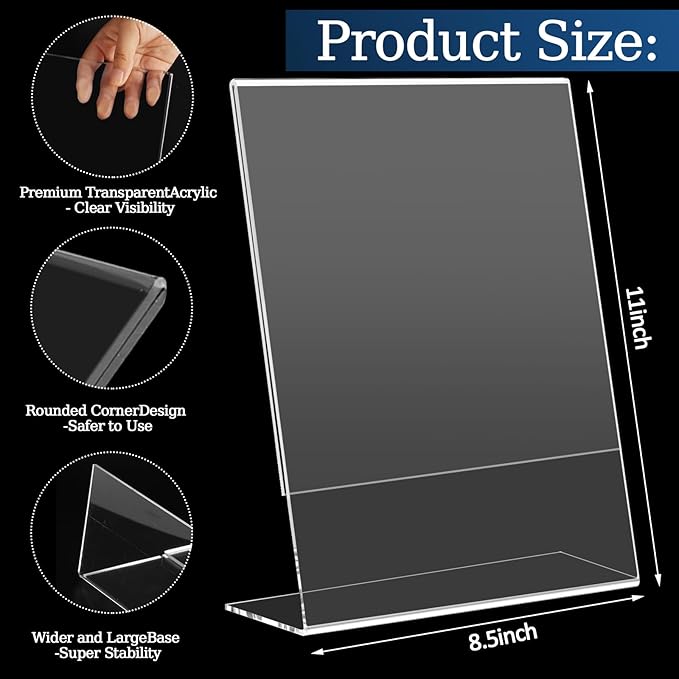 StyEdEk 12 Pack 8.5x11 Inch Acrylic Sign Holder Clear Plastic Table Paper Display Stand L-Shape Vertical Menu Holder Stand Picture Photo Flyer Display Stand for Desktop Flyers, Documents, Office, Restaurants
