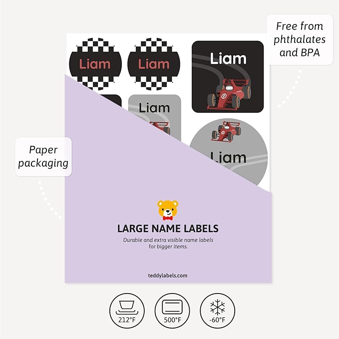 Large Name Labels for Kids (33) - Custom Stickers for Daycare and School Supplies - Durable, Waterproof Stickers for Water Bottles, Lunch Boxes, and More with Unique Designs - Race Car