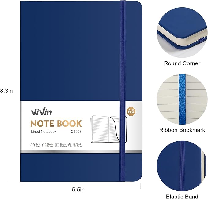 ViVin Lined Journal Notebooks for Work, 192 Pages, Medium 5.5 x 8.3 inch, College Ruled, A5 Hardcover Journaling Notebooks for Writing，1 Pack