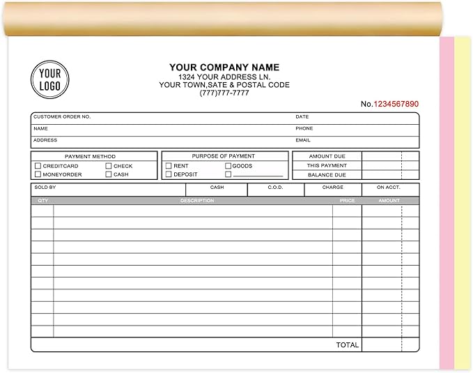 Custom Invoice Book with Logo 50 Set Personalized Receipt Books Customized Invoices for Small Business 3 - Parts Carbonless Duplicate Invoice Forms NCR Books