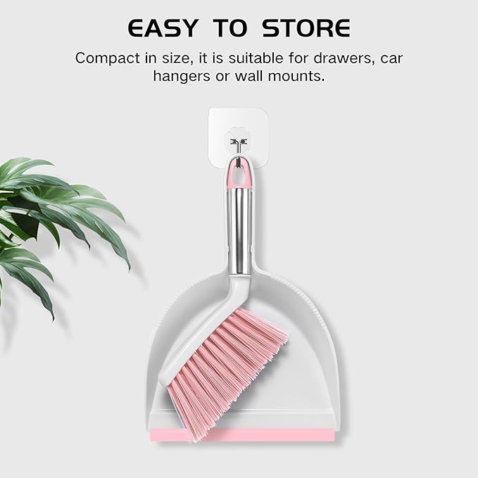 NACENA Mini Broom and Dustpan Set, Small Dust Pan and Brush Set with Handle Dustpan Teeth for Cleaning Hair Suitable for Office Desks Drawers Sofas Outdoor Camping, Pink