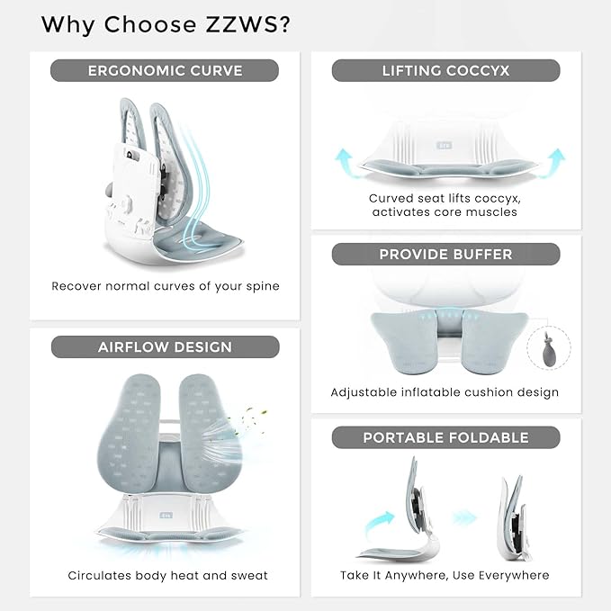 ZZWS Foldable Ergonomic Back Support with Adjustable Inflatable Lumbar Cushion, Posture Corrector for Desk Chairs, Comfortable Lumbar & Seat Cushion for Lower Back Pain Relief