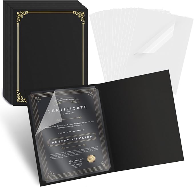 15 Pcs Certificate Holders 8.5 x 11 Additional 15 Pcs Plastic Film, Diploma Covers Gold Foil Border Certificate Holder for Letter Size 8.5x11 Cardstock,Certificates,Document Papers (Black, 15 Sets)