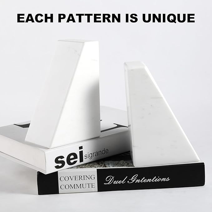 Karibiber Marble Bookends for Heavy Books, Decorative Book Ends for Shelves, White Stone Durable and Heavy-Duty Book Ends for Hardback Books & CDS, Unique Book Stopper & Holder, Set of 2