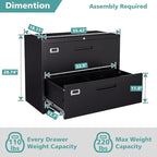 MIIIKO Lateral File Cabinet 2 Drawer, Black Metal File Cabinet with Lock, 35.4" Wide Drawers Storage File Cabinet for Hanging Files Folders Letter/Legal/A4 Size