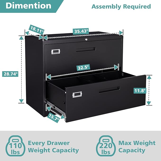 MIIIKO Lateral File Cabinet 2 Drawer, Black Metal File Cabinet with Lock, 35.4" Wide Drawers Storage File Cabinet for Hanging Files Folders Letter/Legal/A4 Size
