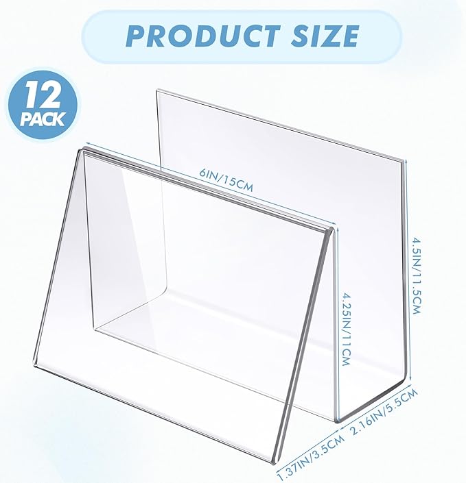 Vicenpal 12 Pcs Clear Acrylic Postcard Holder Business Card Holder Greeting Card Display Clear Business Card Stand Rack for Index Card Organizer Desk Table Home Office School, 6 x 4.25 x 4.5 Inch