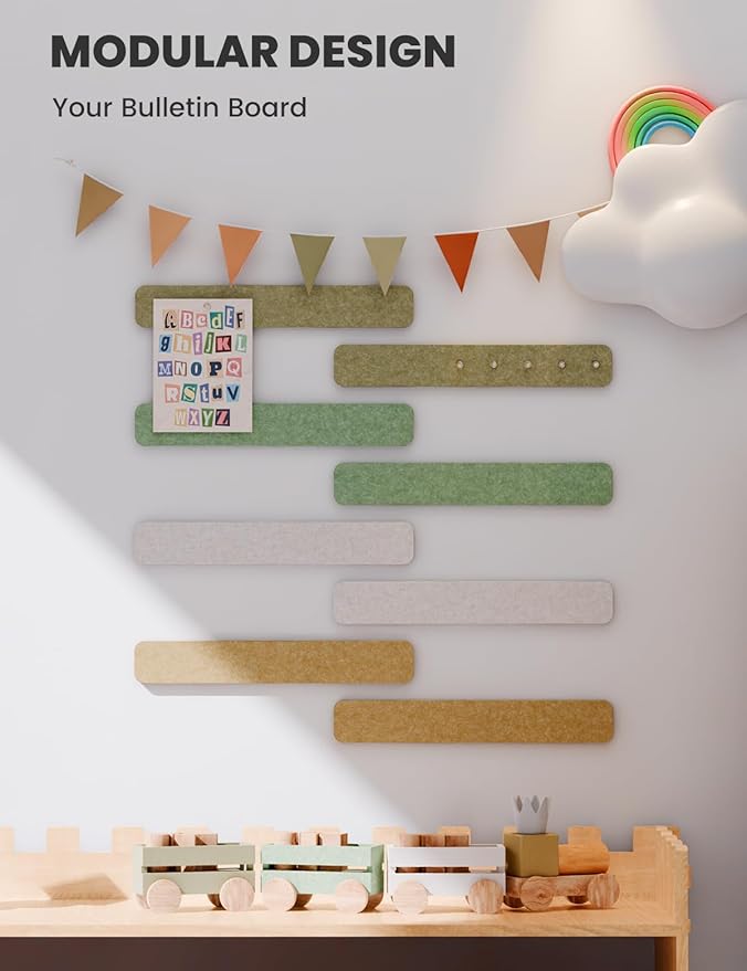 Cork Board Alternative Felt Strip Board 8-Pack 13"x2", Office Pin Board with 50 Push Pins, Adhesive Install for Bedroom Door & Home Office(Olive Grove)