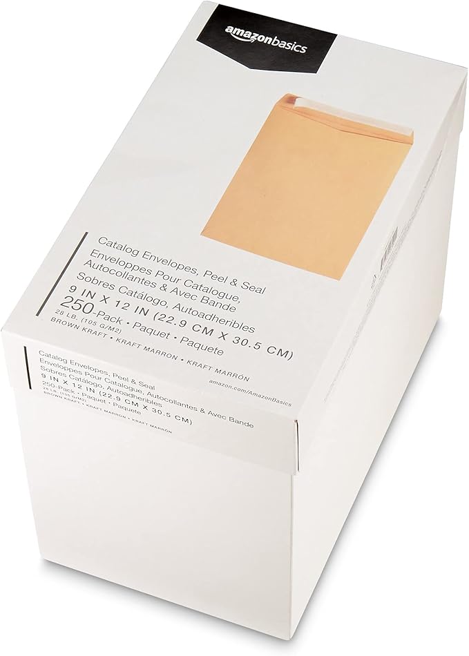 Amazon Basics Catalog Mailing Envelopes, Peel and Seal, 9x12 Inch, Brown Kraft, 250-Pack