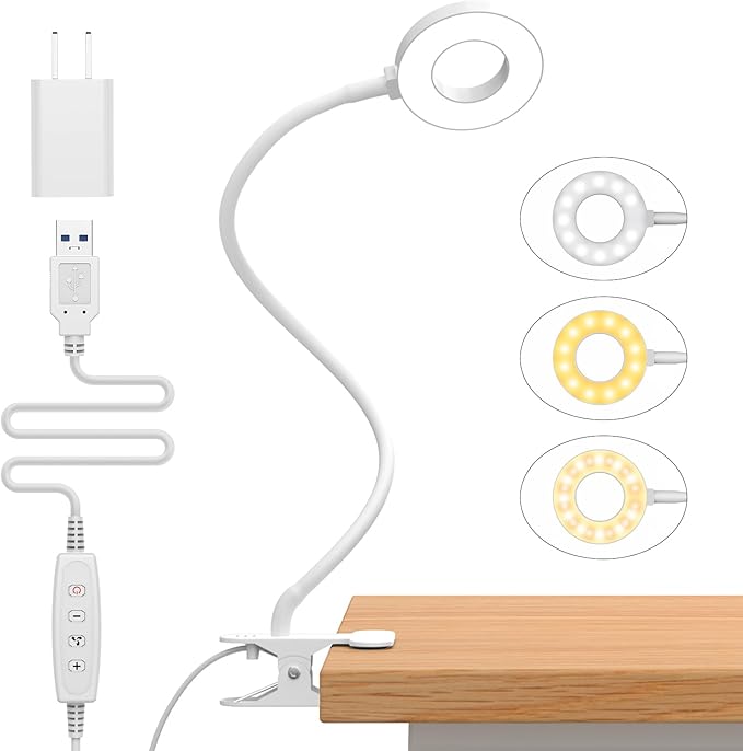 iZELL Reading Light, USB Clamp Lamp for Child Reading Book in Bed at Night, LED Small Desk Lamp with Silicone Adjustable Arm Clip on Beside Table for Studying Working Drafting Sewing - 15.8‘’ White
