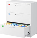 PEUKC 3 Drawer File Cabinet, Lateral Filing Cabinets for Home Office, Office Storage Drawers with Lock, Hanging Files Legal/Letter A4 Size (Assemble Required,White)