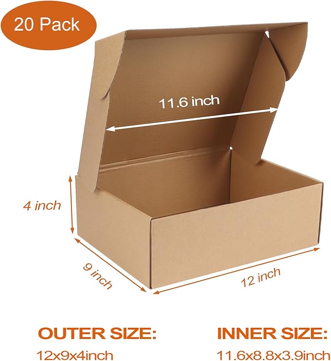 PHAREGE 12x9x4 inch Shipping Boxes Bulk 20 Pack Brown, Tab Lock Tuck Top Mailer Boxes for Packaging Small Business, Medium Cardboard Gift Boxes for Wrapping Mailing Present