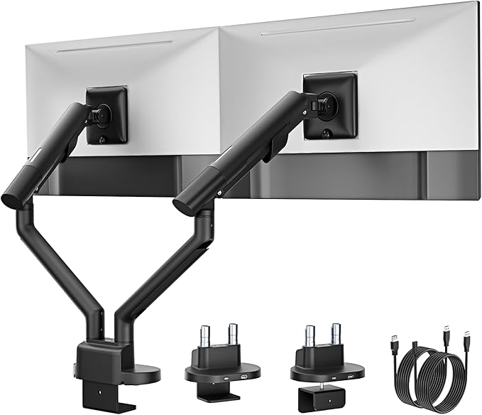 monTEK Dual Monitor Stand Mount with USB for Up to 35" Screens, Each Arm Holds Max 24.25lbs, Full Motion Adjustable Monitor Arm Desk Mount with C-Clamp/Grommet MA1010UCBK-D