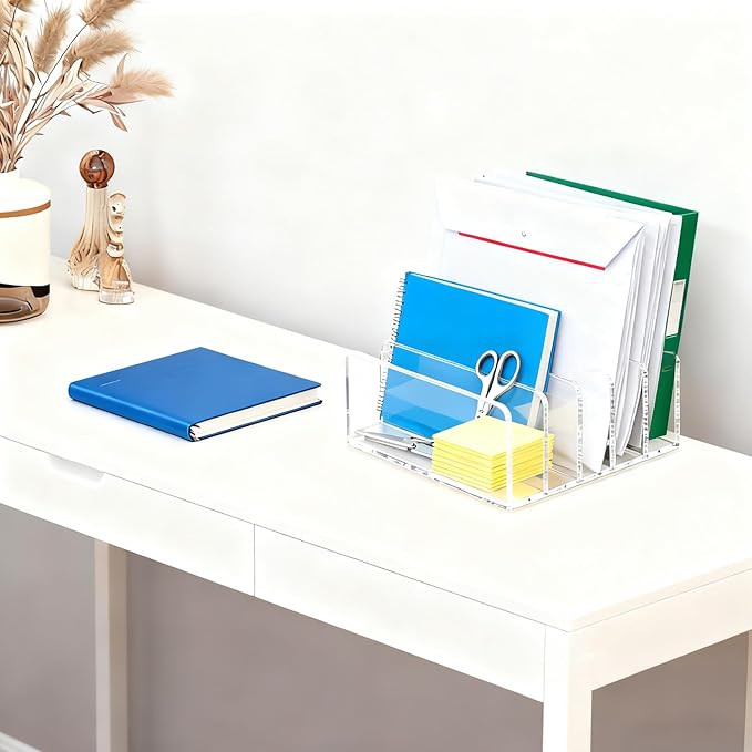 itechpanda Acrylic Mail Holder Clear File Sorter Desk Organizer Clean Desktop Vertical Desk Letter Sorter with 5 Compartments for Office Home Envelope Bill Document Notebook File Paper (Small)