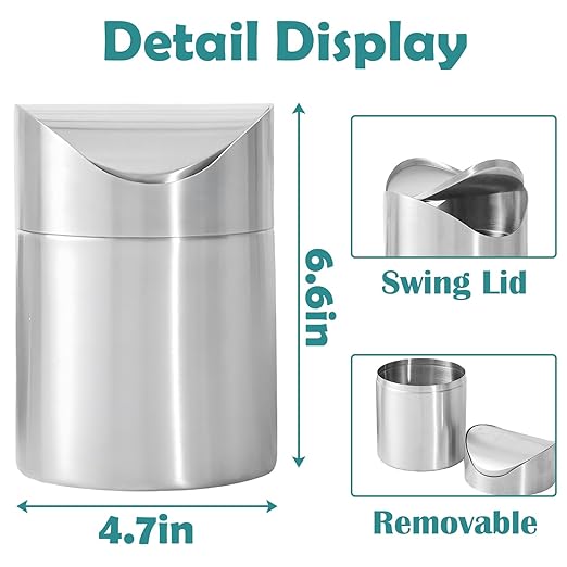 Chemlliy Mini Trash Can, Tiny Desktop Trash Bin with Swing Lid, Stainless Steel Bathroom Countertop Garbage Cans Kitchen Waste Bins with Trash Bag