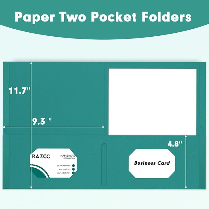Two Pocket Folders, RAZCC 50 Pack 2 Pocket Folders Fit Letter Size Paper, Paper Folders with Pockets for School Office Business Home (Turquoise)