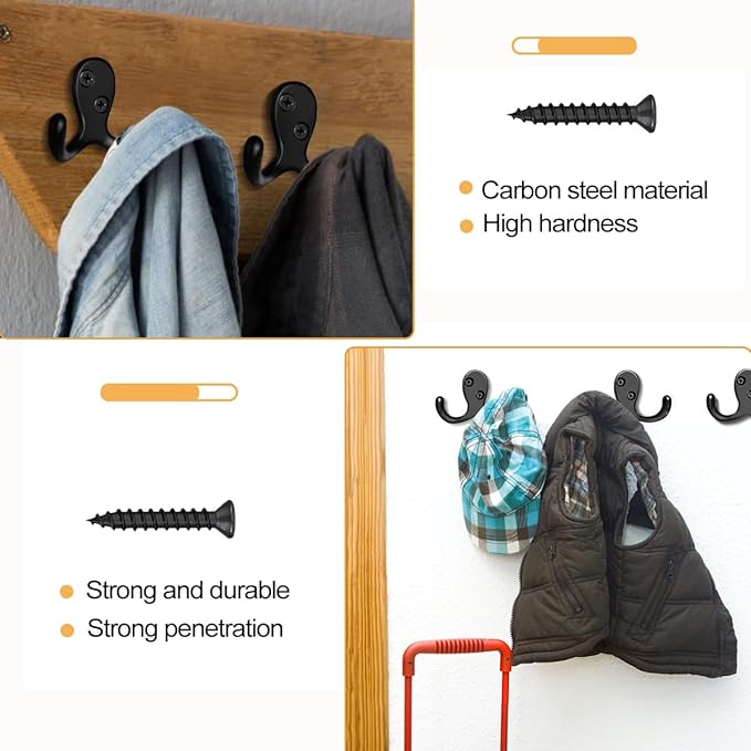 CBWLWJ 10 Pack Coat Hooks Wall Hooks for Hanging, Heavy Duty Double Prong Metal Hook Wall Mounted for Living Room, Bathroom, Kitchen, Bedroom for Coat, Bag, Scarf, Towel, Hat, Key, Cup (Black)