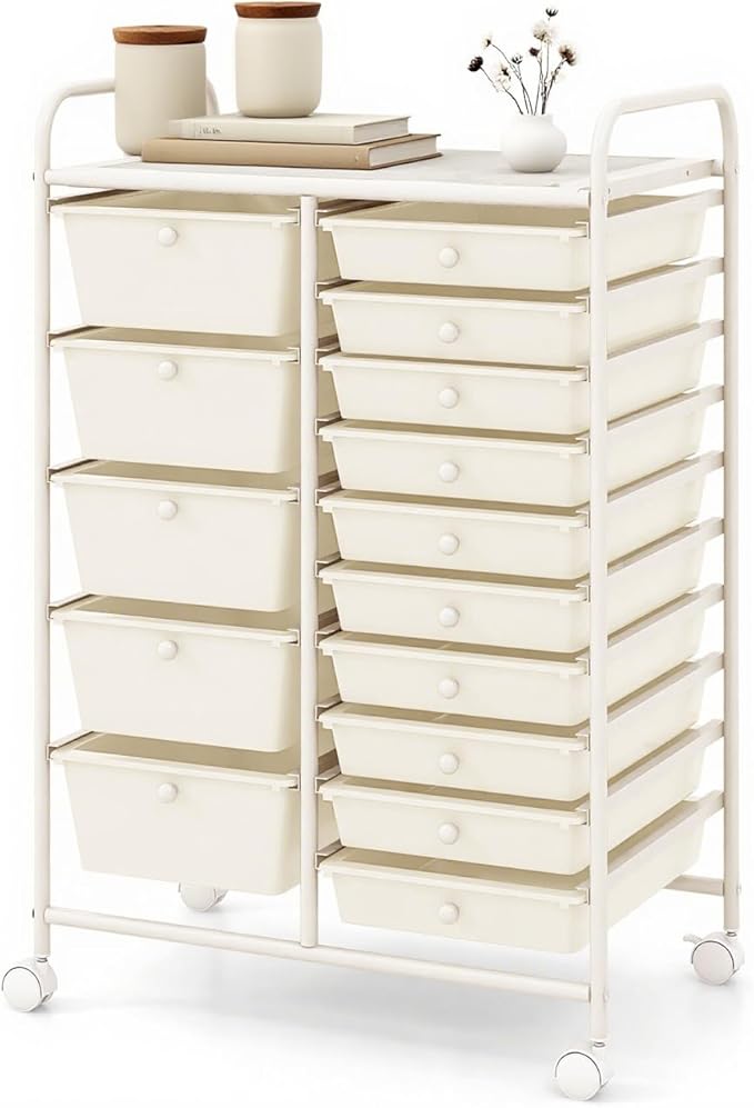 DORTALA 15-Drawer Rolling Storage Cart with Drawers, Rolling Utility Cart w/Removable Drawers & Universal Wheels, Tools Scrapbook Paper Organizer for School, Office, Home, Classroom (Ivory)