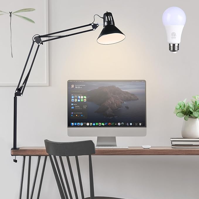juttilax Swing Arm Desk Lamp for Home Office 360°Adjustable,Tall Metal Clamp on lamp with Bulb,Eye-Caring Clip on Desk Light for Computer Work Study Reading and Drafting
