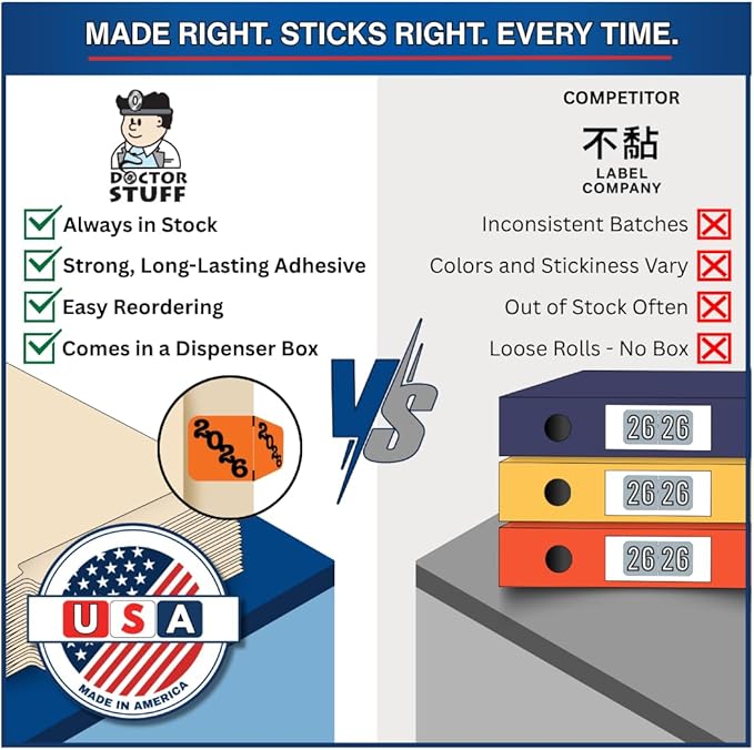 2026 Year Labels, Doctor Stuff 2026 Chart Stickers, Orange/Black Color Coded, Jeter Style, USA Made Year Labels for End Tab File Folders, 500/Roll, 1 Roll, 3/4" x 1-1/2"