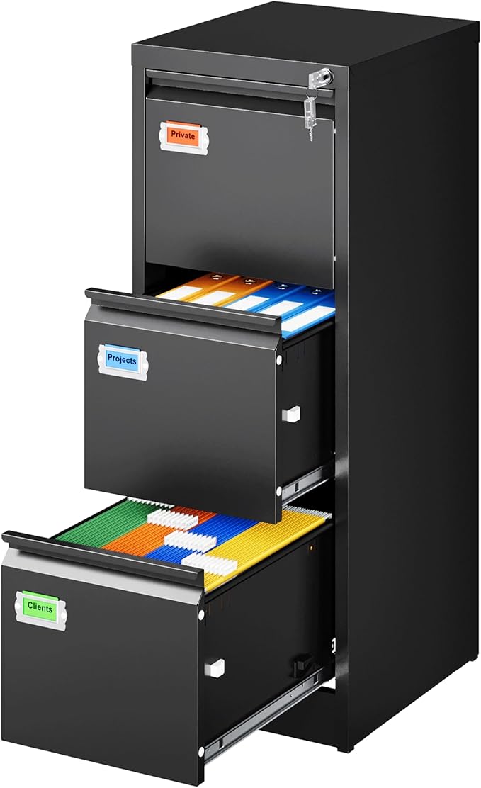 PEUKC 3-Drawer File Cabinet, 16.3" Deep Vertical Filing Cabinet with Lock, Metal File Cabinet for Home Office, Anti-Tip 3 Storage Drawers for Letter/Legal/A4/F4 Size, Assembly Required, Black