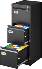 PEUKC 3-Drawer File Cabinet, 16.3" Deep Vertical Filing Cabinet with Lock, Metal File Cabinet for Home Office, Anti-Tip 3 Storage Drawers for Letter/Legal/A4/F4 Size, Assembly Required, Black