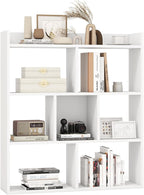 Giantex 7 Cube Bookshelf, Free-Standing Wooden Bookcase, 4 Tier Home Display Shelf, Horizontal Storage Unit w/Anti-Toppling Devices, Open-Back Display Rack for Study, Bedroom, Living Room, White