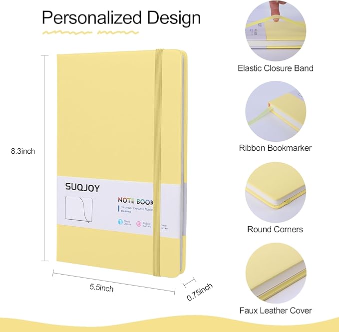SUQJOY Lined Journal Notebooks for Writing, 100 GSM Thick Paper, 1 Pack Hardcover Notebooks, A5 College Ruled Notebook, Journaling Notebook for School/Travel/Office (Yellow- 1 Pack)