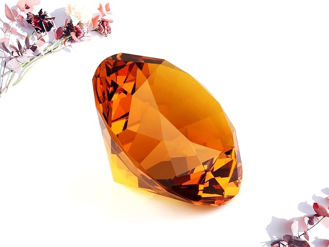 CLICK2GO 3” / 80 mm Amber Diamond Shaped Glass Crystal Paperweight – Home Office Decor & Wedding Favors Decoration with Gift Box