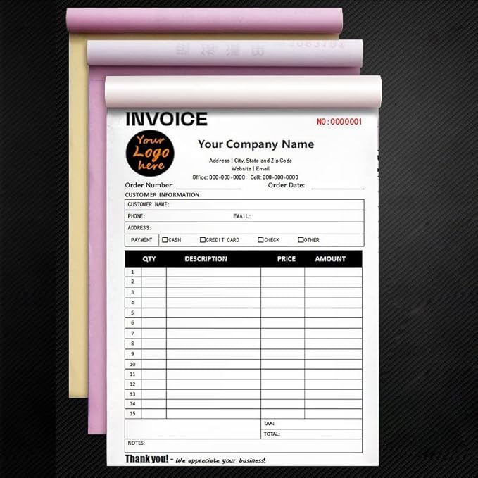 Custom Carbonless Sales Invoice Form Books for Small Business, Personalized NCR 3-Part Receipt Book with Carbon Copies, Cover Add Company Name, Address and Number Printed