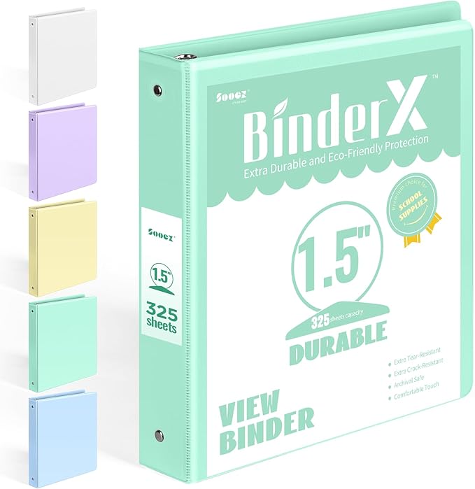BinderX Extra Durable 1.5 Ring Binder, Round Ring 1.5 Inch Binders, Fits 325 Sheets of 8.5x11 Paper, Customizable View Cover with Inside Pockets, Cute 1.5" Binder, School Supplies for Girls, Green