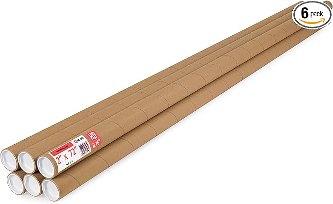 Paclord 2" x 72" Heavy-Duty Reinforced Cardboard Mailing Tube, Pack of 6 Tubes with 12 Caps – Secure USPS Approved – Great for Shipping and Storing of Prints, Artwork, Posters or Documents