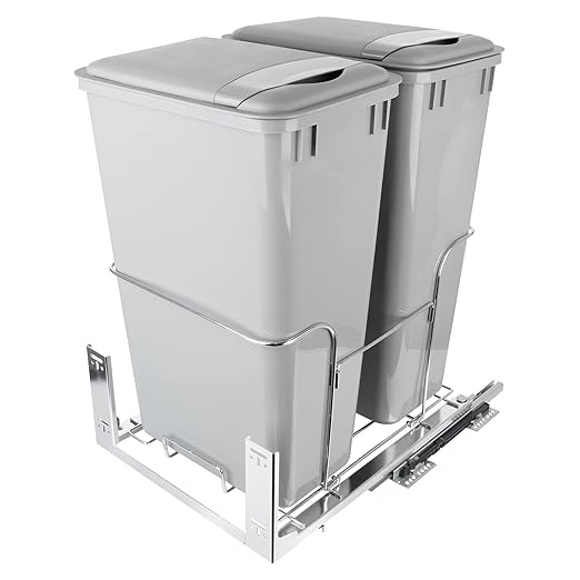 Pull-Out Trash Can, 50Qt Double Bins, Under Mount Waste Container with Soft-Close Slides, 176 lbs Load Capacity & Door-Mounted Brackets Garbage Recycling Bin with Lids for Kitchen Home Cabinet (2pack)
