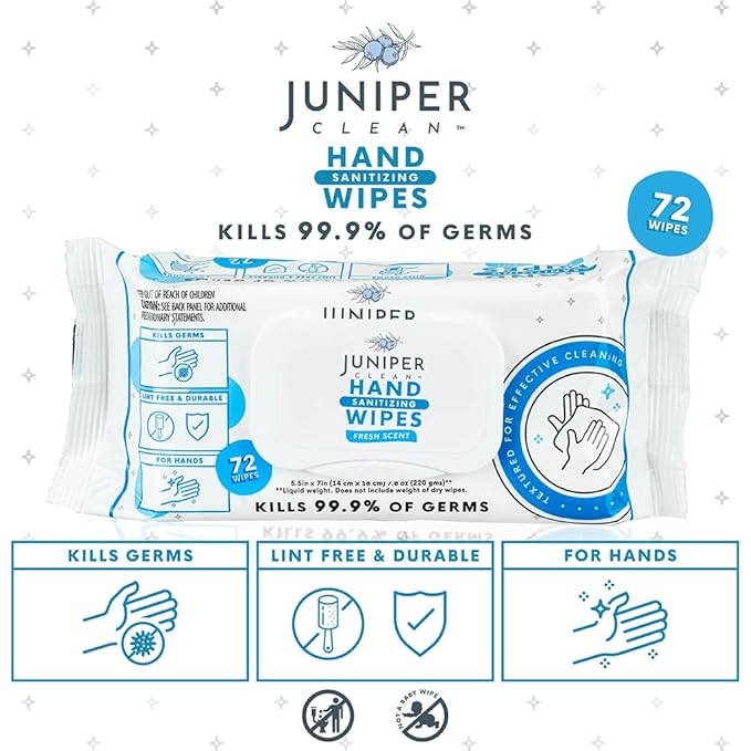 Juniper CLEAN, 3 Pack Hand Sanitizing Wipes, 216 Count Disposable Hand Sanitizer Wipes, Fresh Scent, Lint Free & Durable