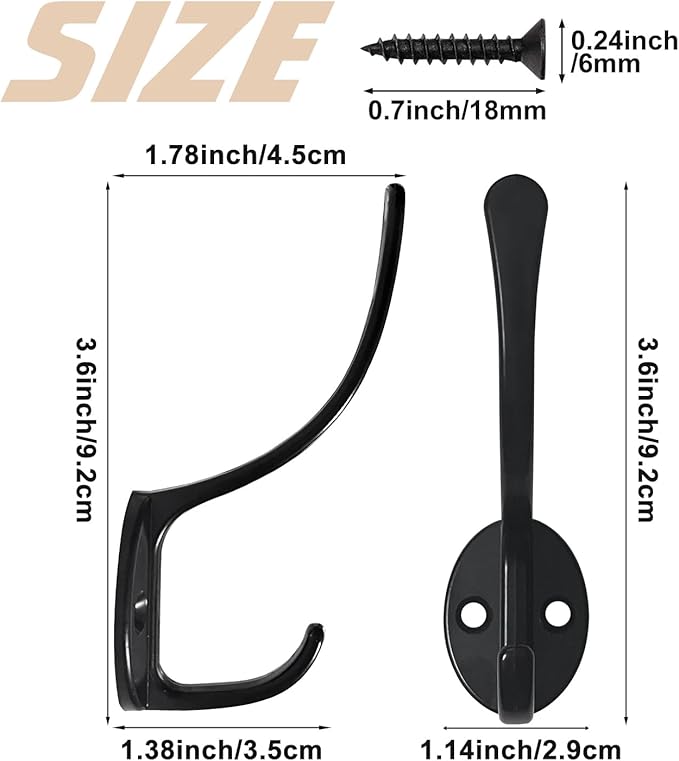 Homanu 10 Pack Coat Hooks Wall Mounted with 20 Screws, Heavy Duty Black Towel Hooks Metal Double Hooks, No Rust Retro Rustic Wall Hooks for Hanging Towel, Coat, Scarf, Bag, Hat, Cup, Key