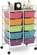 HAPPYGRILL 10-Drawer Rolling Storage Cart, Storage Organizer Cart with Lockable Wheels, Beauty Salon Movable Utility Cart for School, Office, Home, (Clear Colorful)
